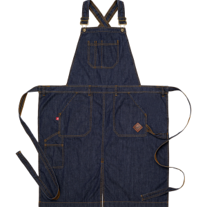 Snickarförkläde i denim från Segers med många fickor och ergonomiskt kryss i ryggen